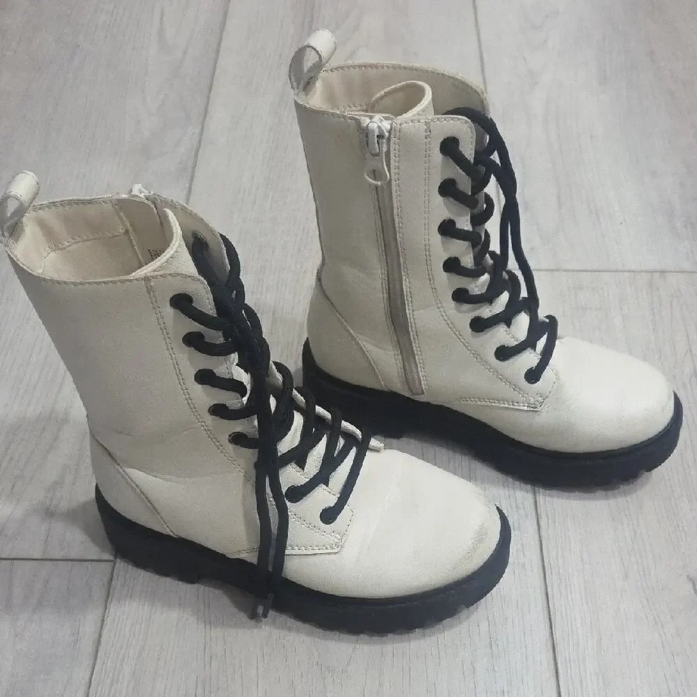 Cream and Black Lace-Up Boots